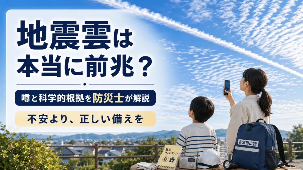 地震雲は本当に前兆なのか、空を見上げる親子と防災グッズを通して噂と科学的根拠を解説するアイキャッチ画像