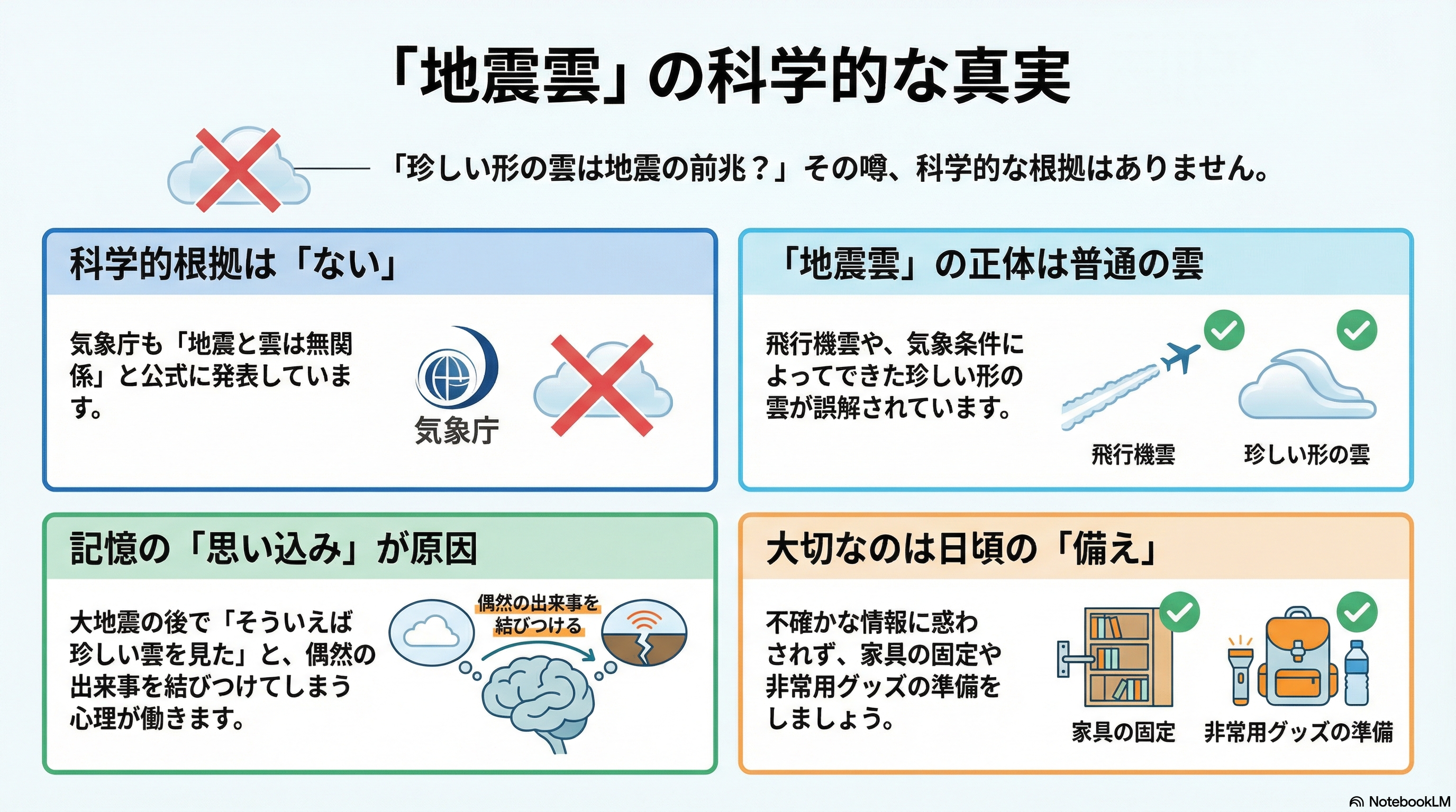 地震雲の科学的根拠はないことを解説する図解。珍しい雲は飛行機雲などで、地震とは無関係であることと、日頃の備えの重要性をまとめた内容