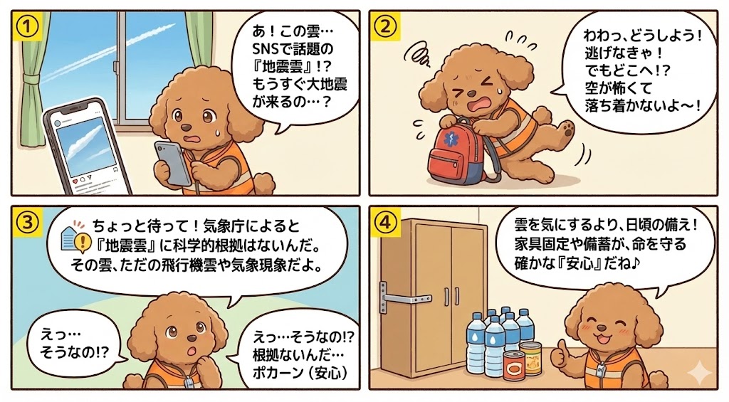 地震雲は前兆ではないと気象庁が説明する内容を、そなぷーが4コマ漫画で分かりやすく解説し、正しい防災行動として家具固定と備蓄の重要性を伝える画像（HIH）