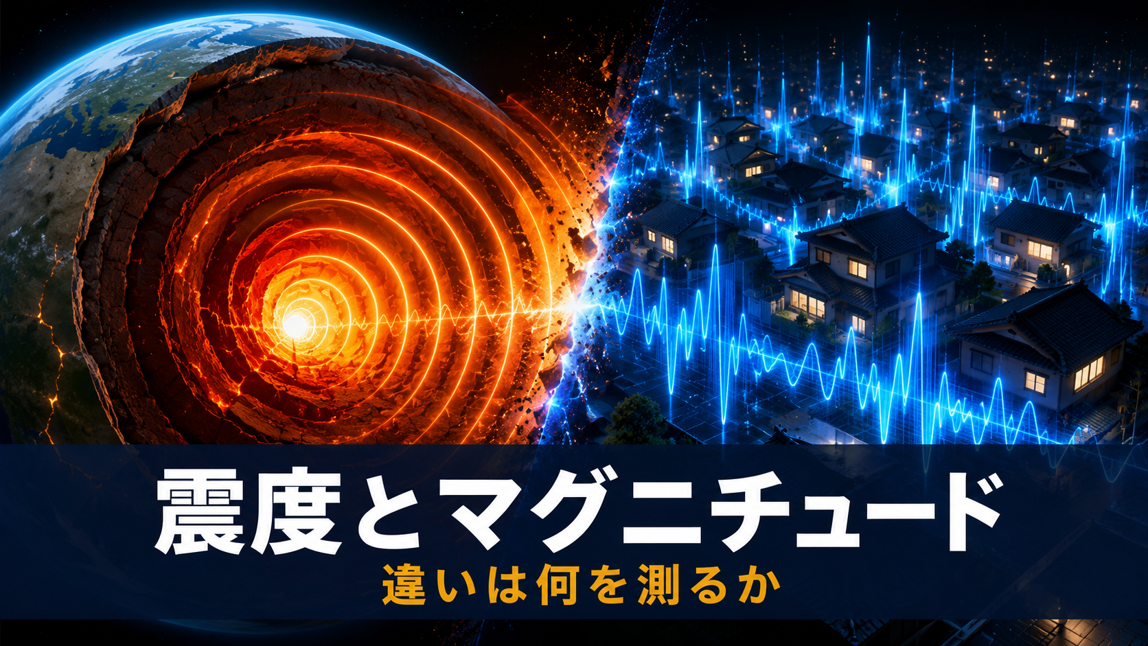 マグニチュードのエネルギーと震度の揺れを対比で表した図解イメージ