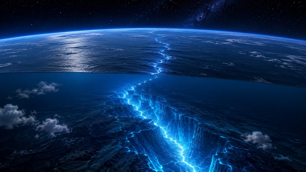 海底の巨大な断層のスケールを宇宙からの視点で表したイメージ