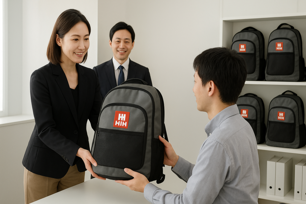 法人向け防災ソリューションの実践例:従業員の安全を守るための避難リュック配布シーン。企業のBCP(事業継続計画)対策と、HIHブランドの信頼性を象徴するビジネスイメージ