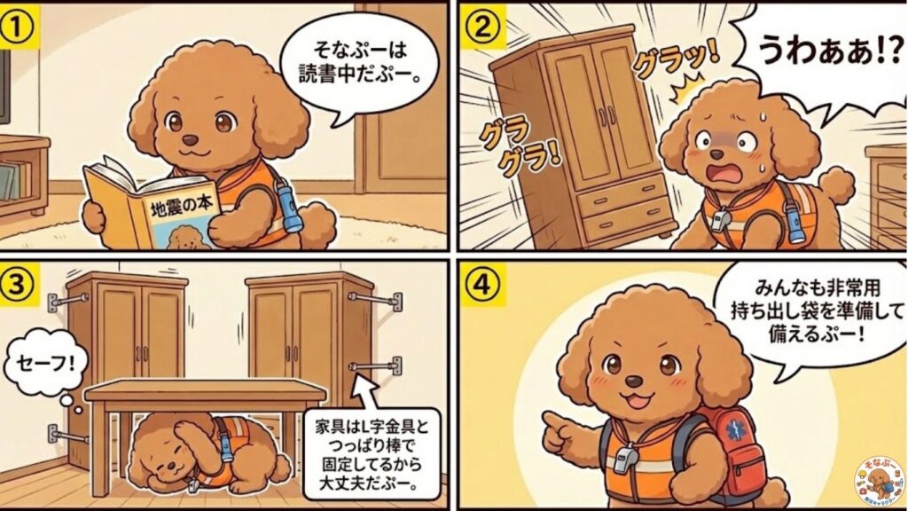 そなぷーが地震の揺れで家具がグラグラする場面に遭遇し、机の下に避難して安全を確保し、最後に非常用持ち出し袋の準備を呼びかける4コマ漫画｜防災士そなぷー監修（HIH）