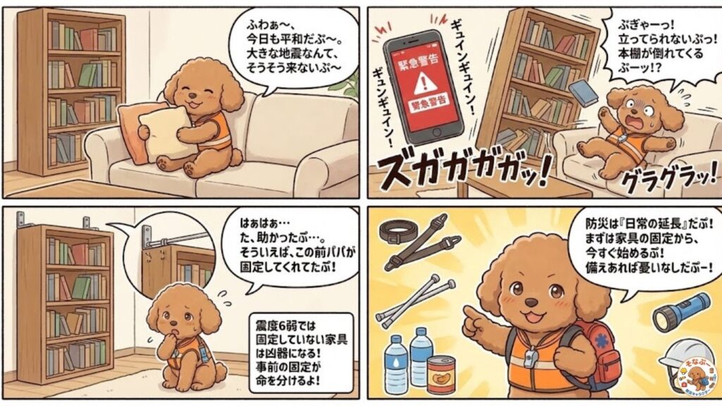 そなぷーが緊急地震速報に驚き、本棚が倒れそうになる中で家具固定の重要性を学び、固定器具と備蓄品を紹介する4コマ防災漫画｜防災士そなぷー監修（HIH）