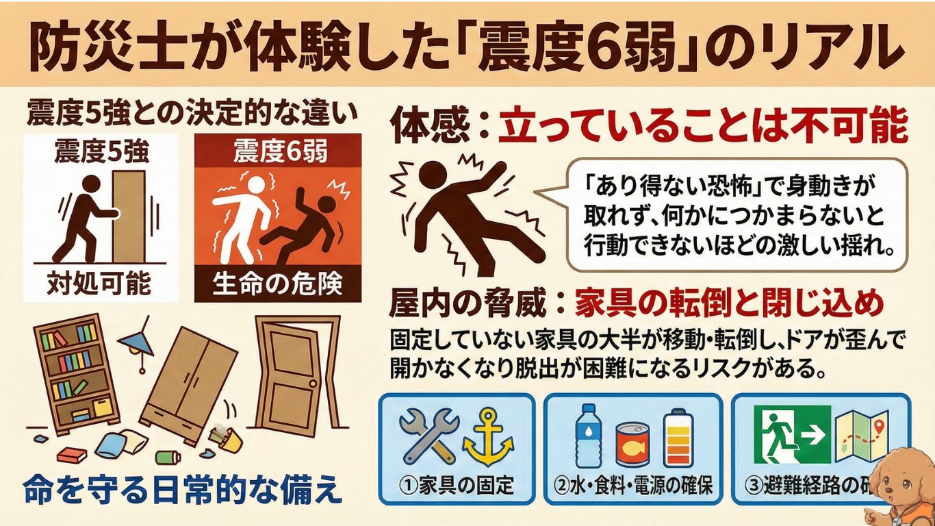 防災士が体験した震度6弱の危険性を図解した画像。震度5強との違い、立っていられない激しい揺れ、家具の転倒・閉じ込めリスク、日常の備え（家具固定・水と食料の確保・避難経路の確認）をイラストで説明している