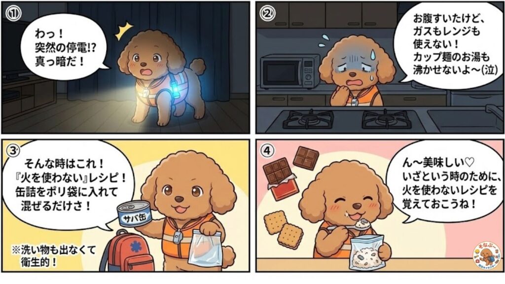 そなぷーが停電とガス停止で料理できない状況に困り、火を使わない非常食レシピとしてサバ缶を袋で混ぜて食べる方法を紹介する4コマ防災漫画|防災士そなぷー監修(HIH)