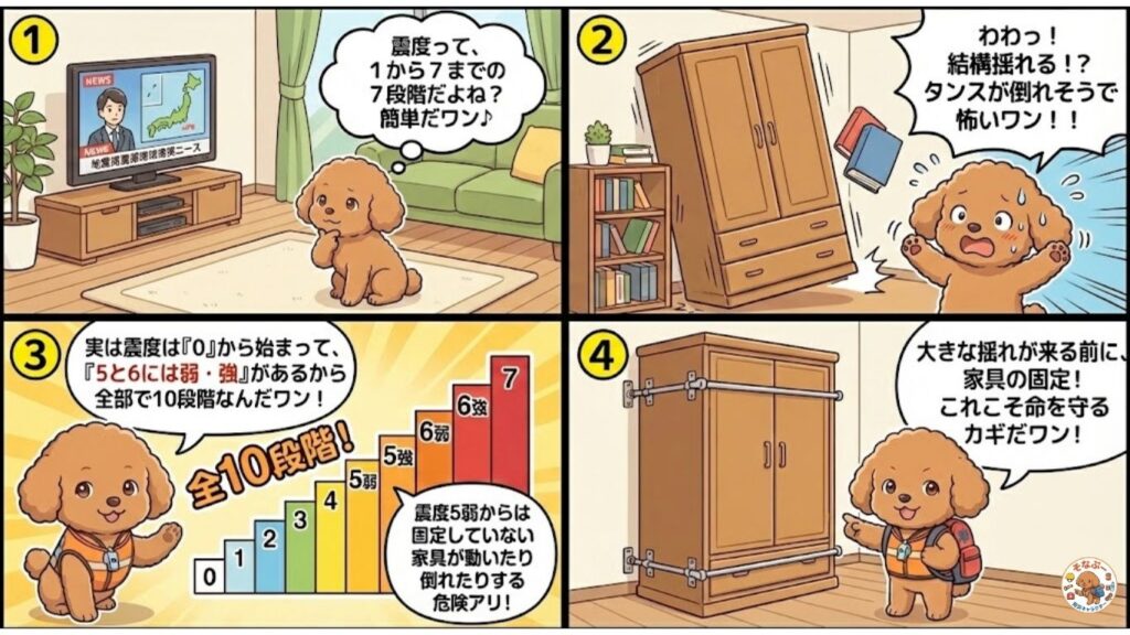 そなぷーが地震速報を見て震度を誤解し、実は震度は0〜7までの10段階であり、震度5弱から家具が動く危険があることを学び、家具固定の重要性を伝える4コマ防災漫画｜防災士そなぷー監修（HIH）