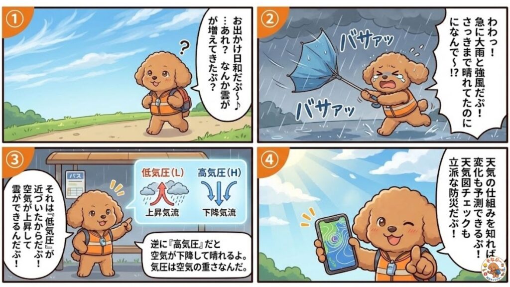 そなぷーがお出かけ中に急な大雨に遭い、低気圧と高気圧による天気の変化を学び、天気図チェックが防災につながることを解説する4コマ漫画｜防災士そなぷー監修（HIH）