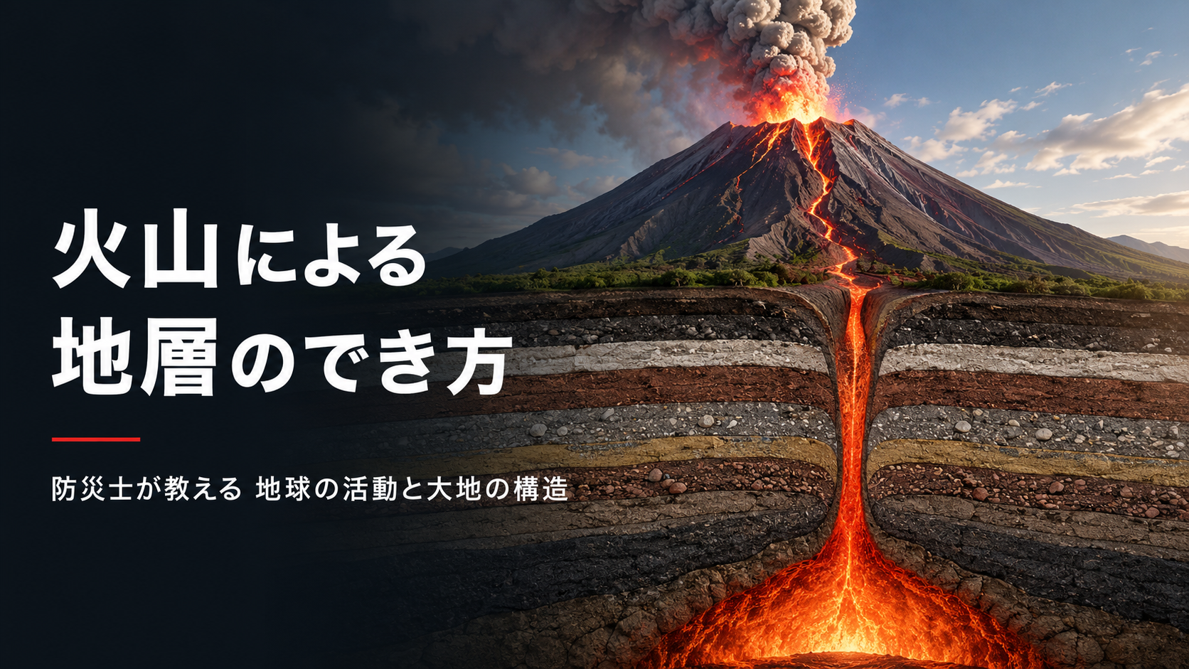 噴火する火山と地下のマグマ、重なった地層の断面で火山による地層のでき方を示した解説画像