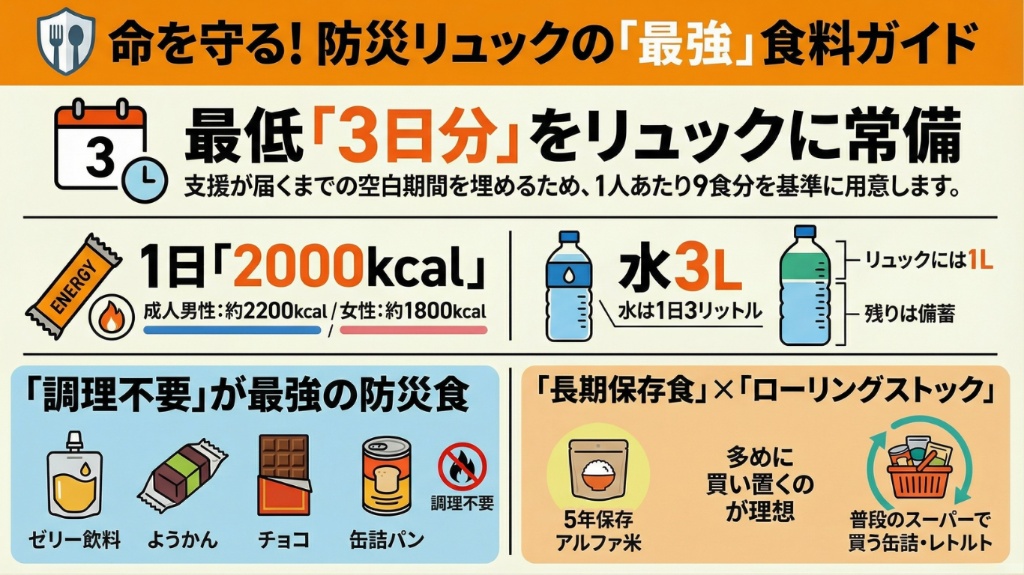 命を守る!防災リュックの「最強」食料ガイドをまとめたインフォグラフィック。最低3日分(9食分)をリュックに常備することを推奨し、1日あたりのカロリー目安(成人男性約2200kcal、女性約1800kcal)、水3リットル(リュックに1リットル、残りは備蓄)の確保、調理不要な食料(ゼリー飲料、ようかん、チョコ、缶詰パン)、長期保存食とローリングストックの組み合わせ(5年保存アルファ米、普段使いの缶詰・レトルト)についてイラストで解説している。