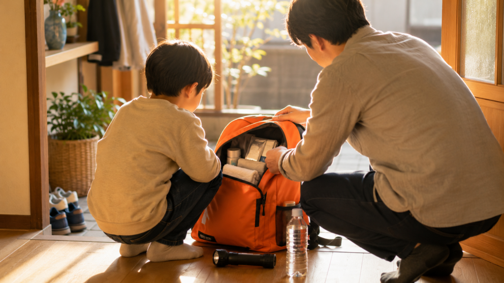 親子で防災リュックの中身を確認している朝の玄関のイメージ