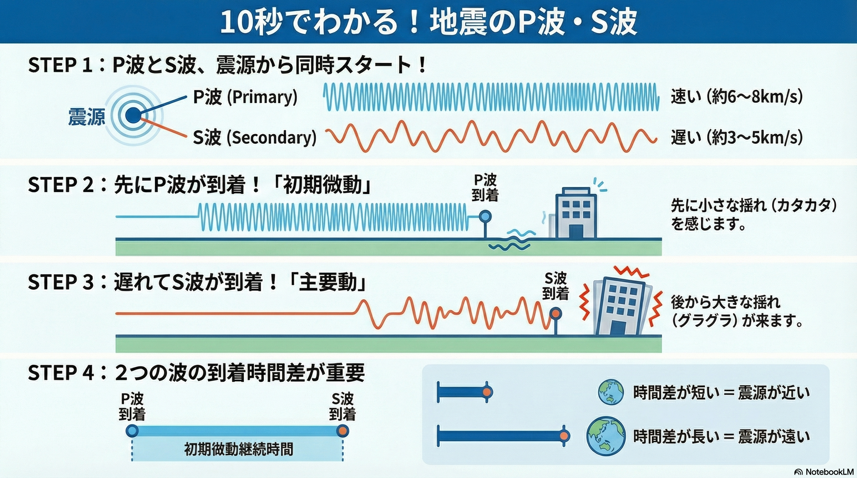P波とS波の到着の仕組みを視覚的に説明した地震解説図。P波の初期微動、S波の主要動、波の速度差、揺れの違い、到着時間差と震源距離との関係をまとめたインフォグラフィック。