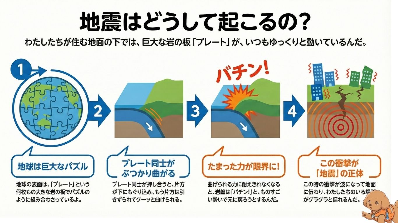 地震はどうして起こるのかを4つの図で解説。プレートが押し合い曲がり限界で破壊される衝撃が地震となり揺れが地表へ伝わる仕組み図