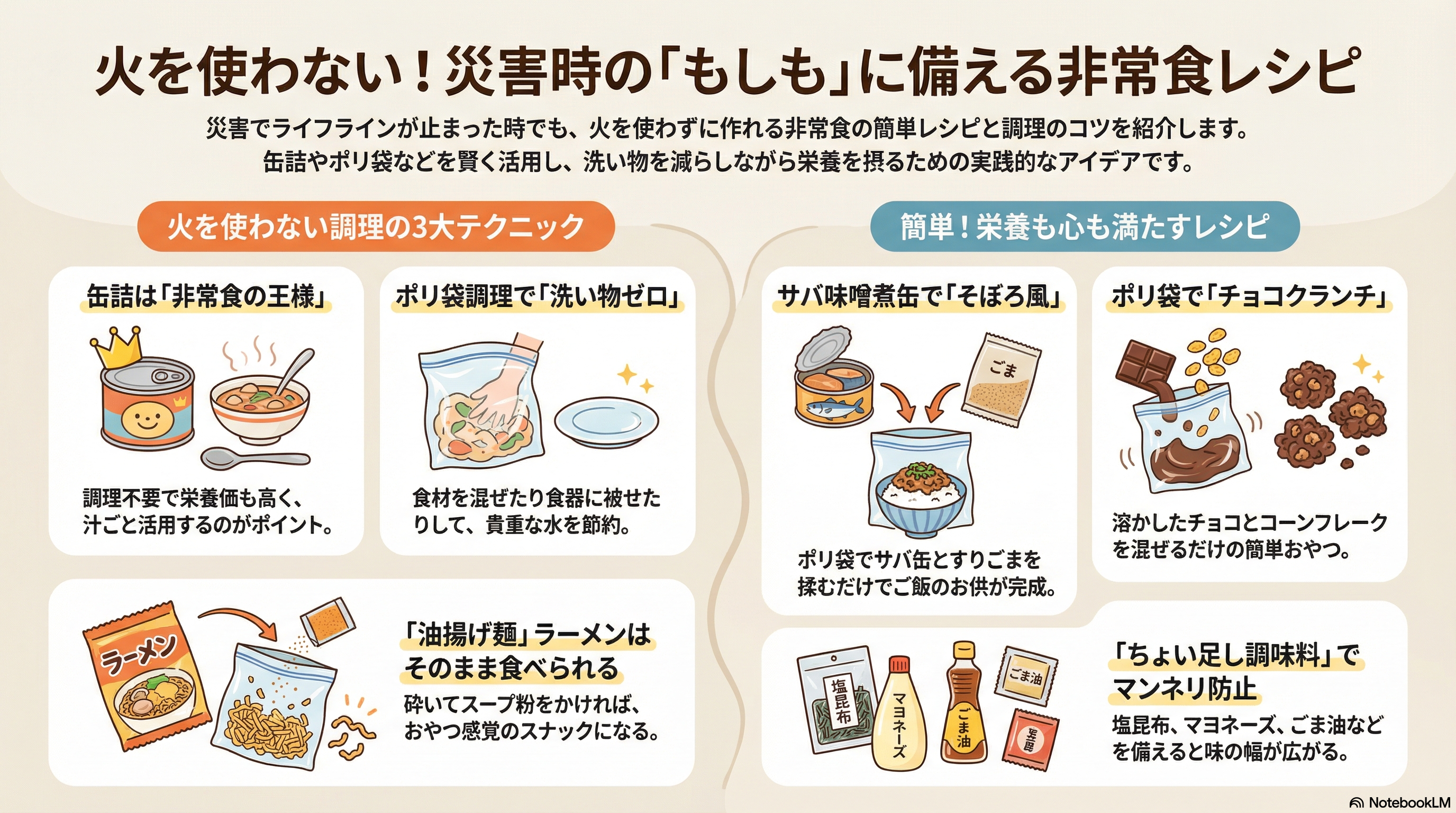火を使わずに作れる災害時の非常食レシピを紹介するインフォグラフィック。缶詰の活用、ポリ袋調理、油揚げ麺の食べ方、サバ味噌煮缶のそぼろ風、チョコクランチ、ちょい足し調味料など、洗い物ゼロで栄養を取る非常食の工夫が描かれている。