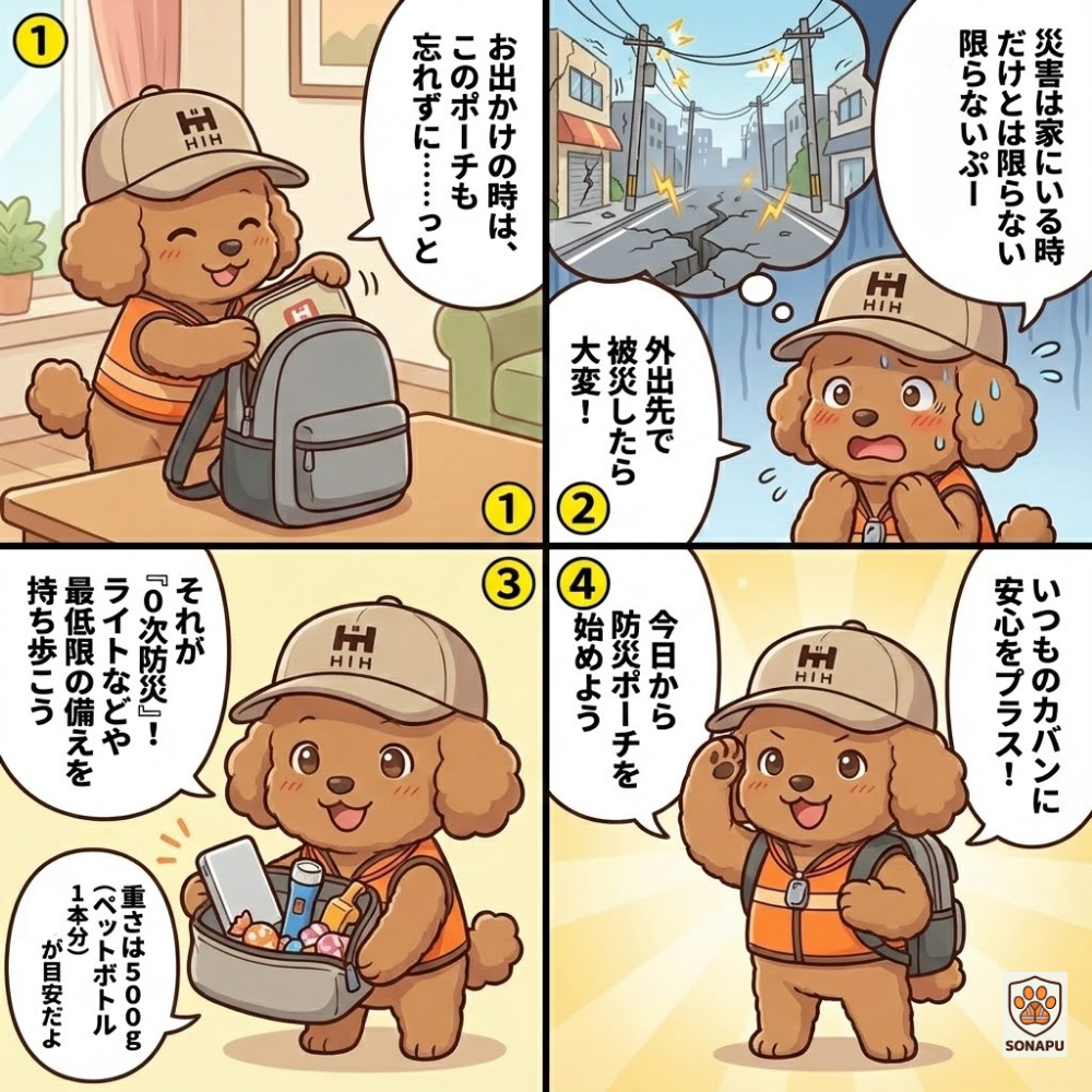 外出先で被災した場合に備えて防災ポーチを持ち歩く重要性や、0次防災として最低限の備えをそなぷーが4コマで解説する防災漫画