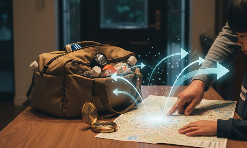 防災リュックと地図と方位磁石で避難準備をする場面