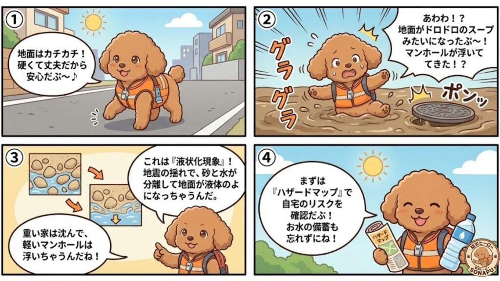 地震の液状化現象をそなぷーが解説する4コマ漫画。揺れで地面が泥状になりマンホールが浮き上がる様子と、原因・仕組み・対策を紹介。