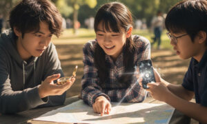 中学生が方位磁石を見ながら地図を観察している