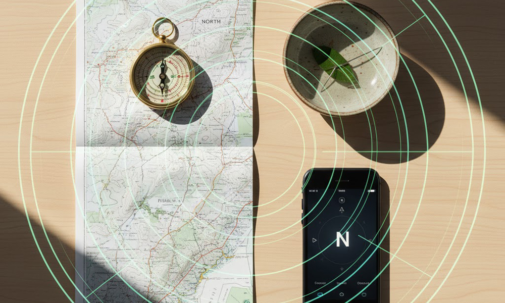 方位磁石と紙の地図と簡易コンパスを並べた総まとめイメージ
