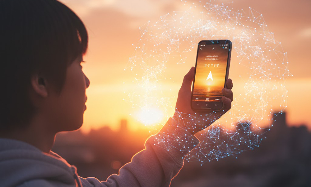 スマホアプリで方角を確認する高校生の実写イメージ