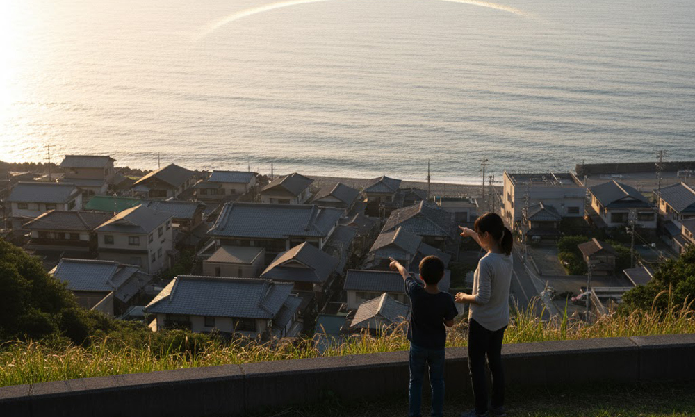 海を見ながら南の沖合を指さす親子の様子。日本の南側に広がる海を学ぶイメージ