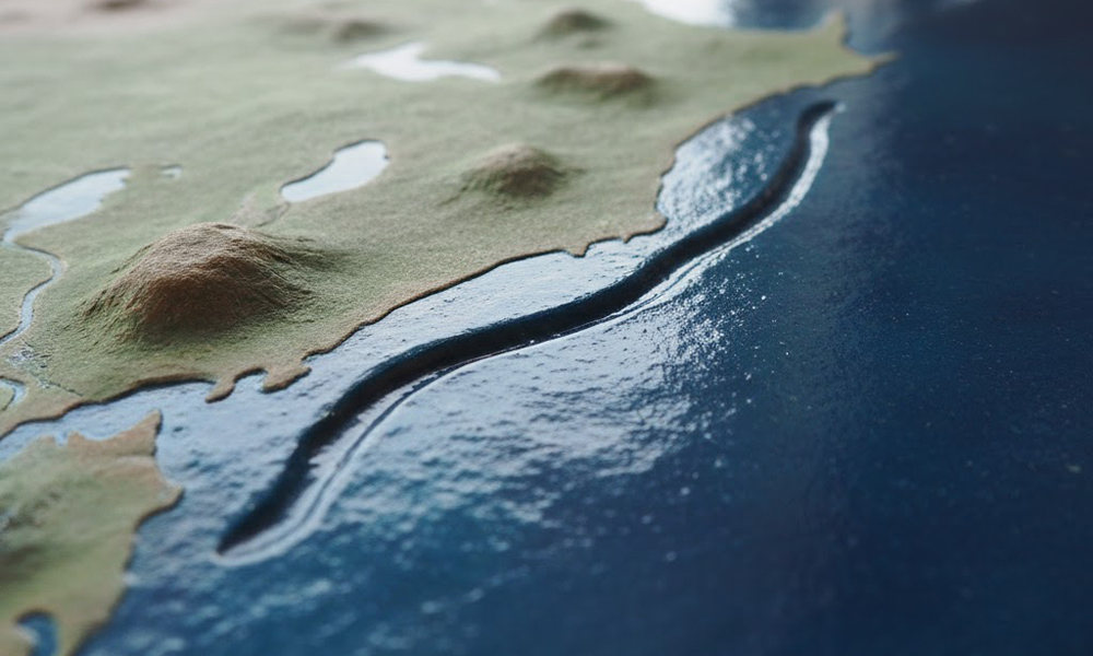 日本の南側の海底に長く続く溝を模型で示したイメージ写真。海の下の地形の学習