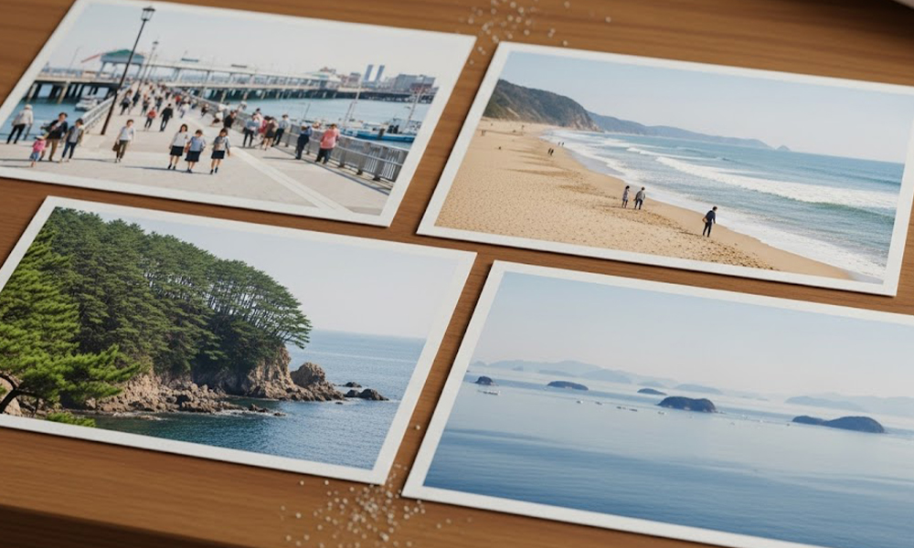 日本の広い沿岸部が南海トラフに近いことを示す、複数の海辺の風景写真