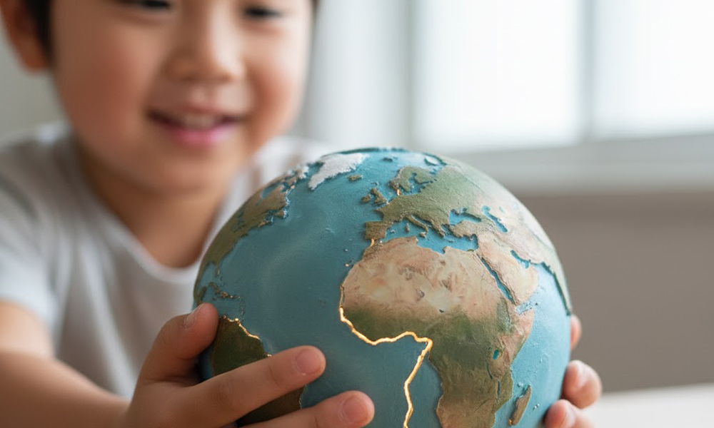 地球の表面が複数の大きな板「プレート」でできていることを示す模型を持つ子どもの手元