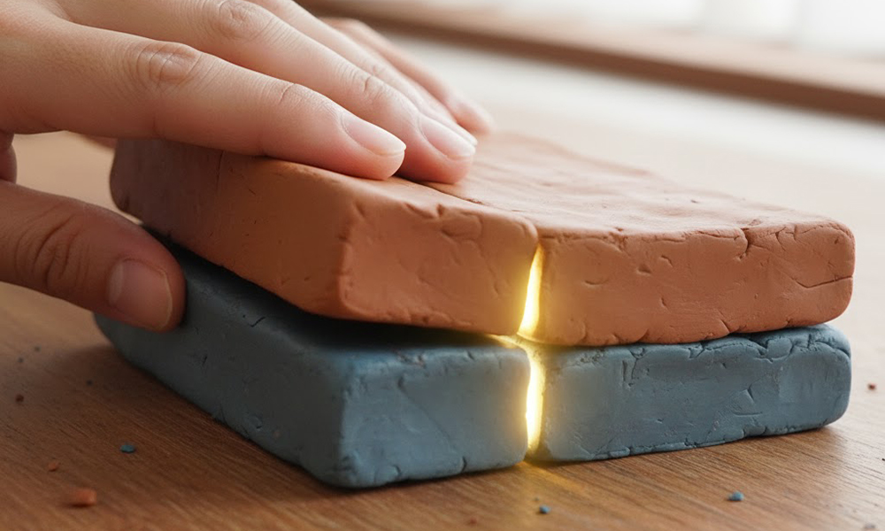 プレート同士がぶつかり一方が沈み込む様子を粘土ブロックで示したイメージ写真