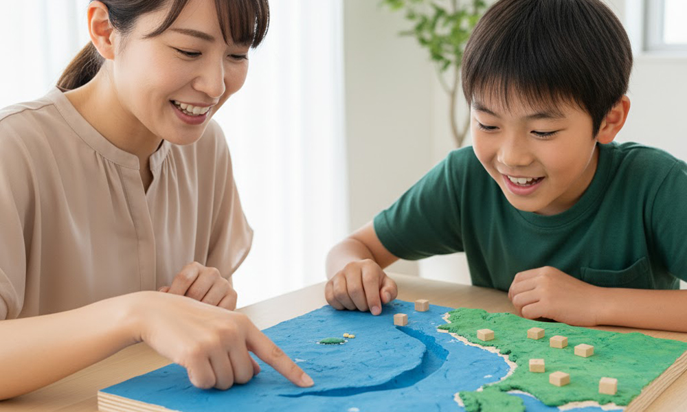 親子が南の海底の溝を模型で学んでいる様子。南海トラフを知る学習イメージ