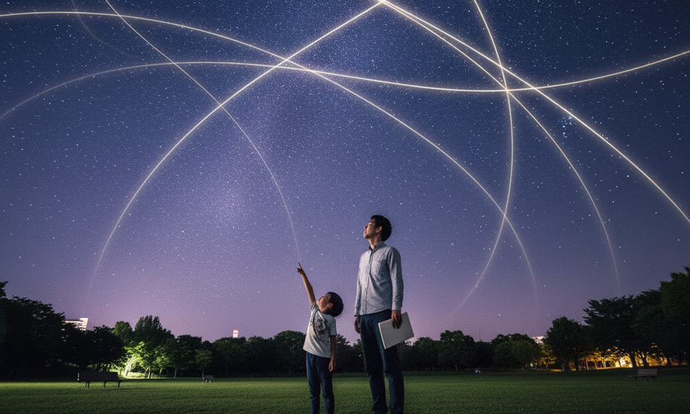 星空を見上げる親子の写真。地球の活動を学ぶ大切さを表すイメージ