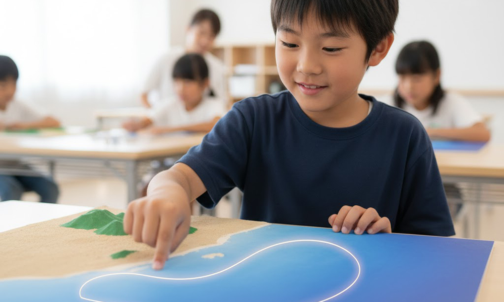 海底の溝を示したミニ模型を指さして学ぶ子ども。まとめ学習のイメージ