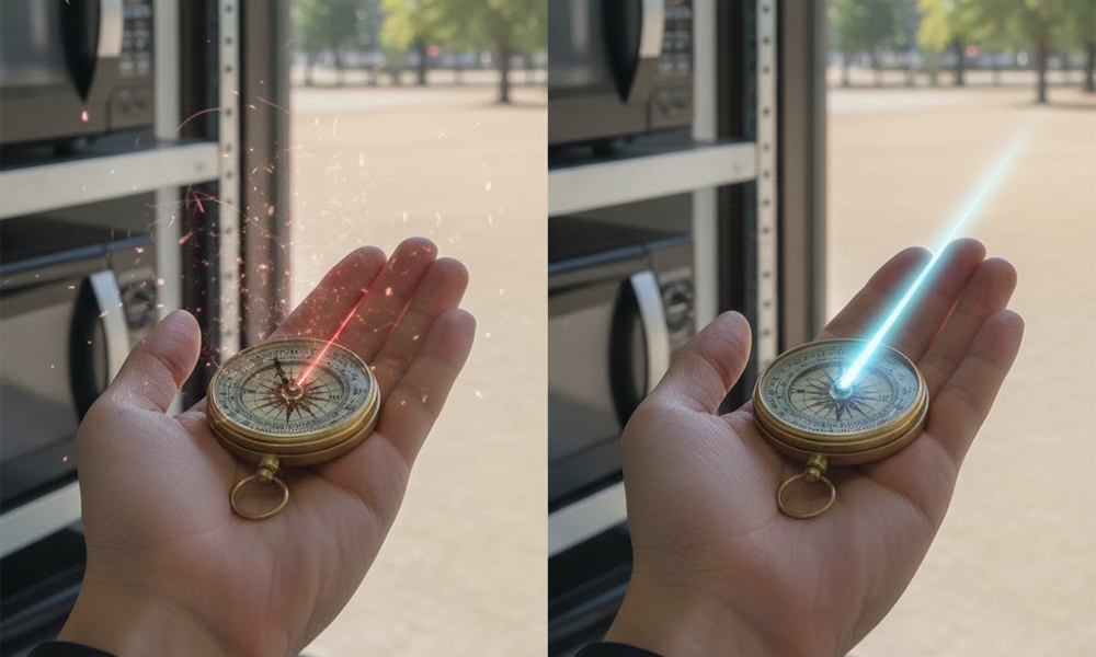 屋内と屋外で方位磁石の針の動きを比較したイメージ画像