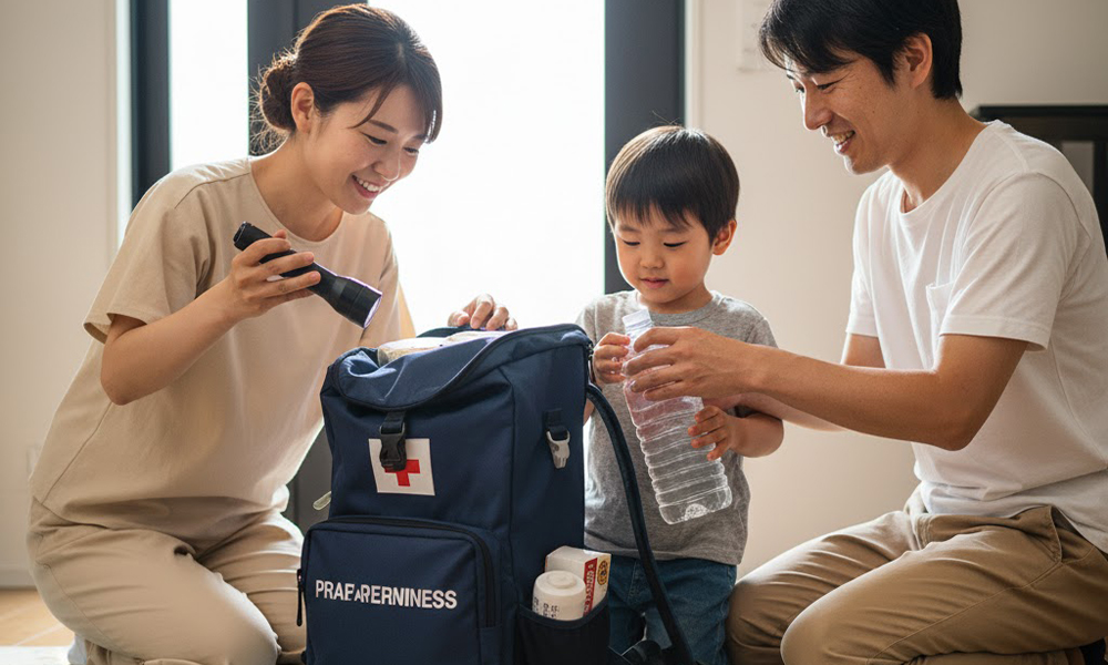 家族が玄関で防災リュックや備蓄品を確認する様子。地震への備えのイメージ