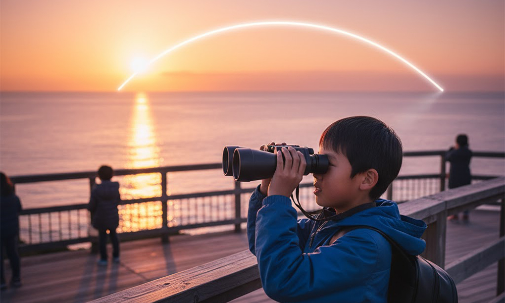 双眼鏡で海のはるか沖を観察する子どもの姿。南海トラフへの関心を表現