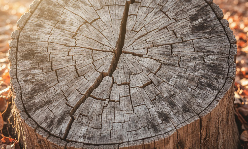 年輪に入ったひびで地震の繰り返しをイメージした木の断面の写真