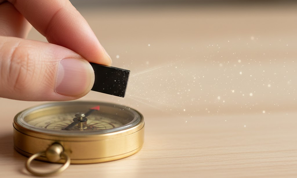 方位磁石に磁石を近づけて針が動く様子の写真