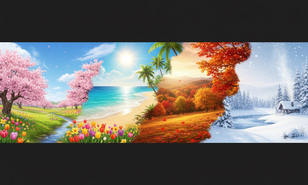 春夏秋冬の違いがひと目で伝わる四季の風景イメージ(花・太陽・紅葉・雪)