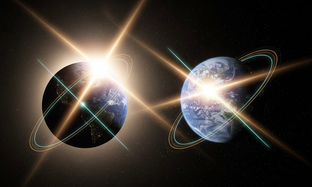 太陽の光が当たる角度の違いで季節が変わる仕組みを表す地球と太陽のイメージ