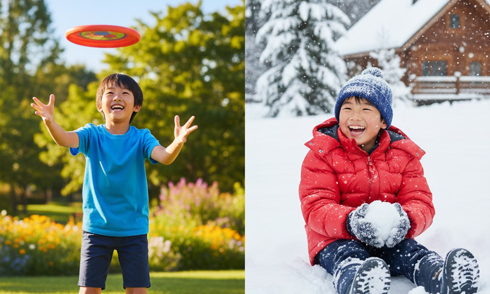 夏は暑く冬は寒い理由を表す夏の子どもと冬の子どもの比較写真風イメージ