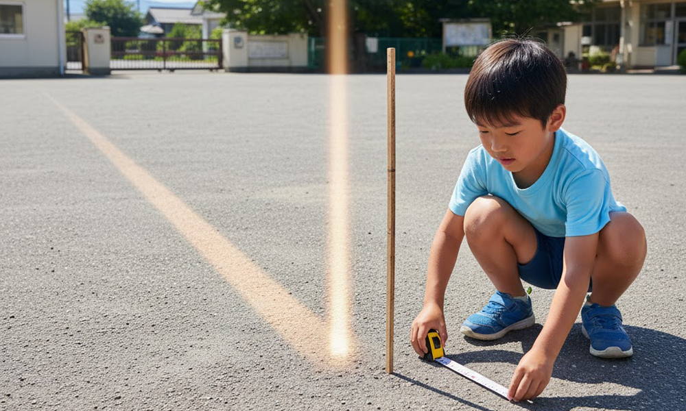 太陽と影の変化で季節がわかることを示す校庭で影を測る子どものイメージ