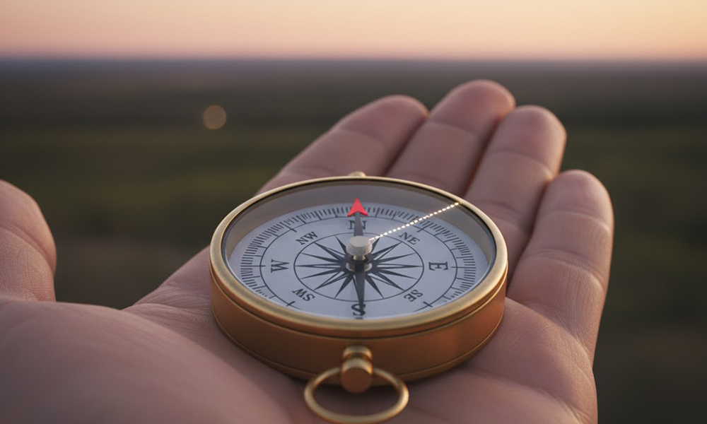 手のひらに水平に置いた方位磁石で北を確認する様子