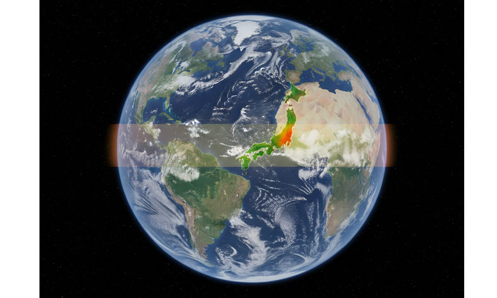 日本を含む中緯度帯に四季があることを示す地球イメージ