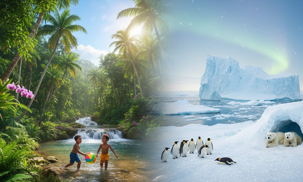 熱帯や極地など世界には四季がない国もあることを示す気候比較イメージ