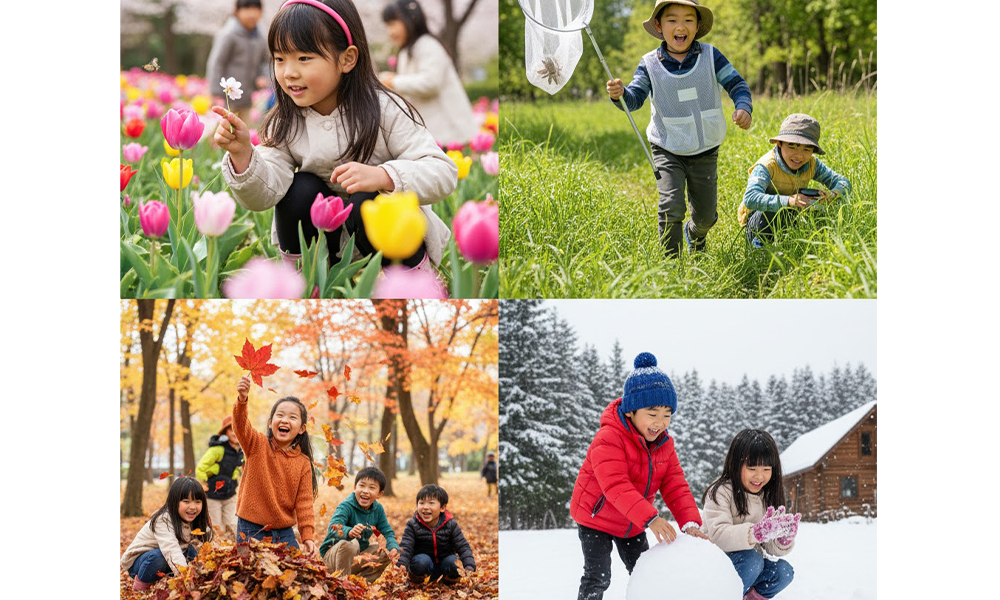 春夏秋冬の自然の違いを観察する子どもたちのイメージ(理科学習・自由研究向け)