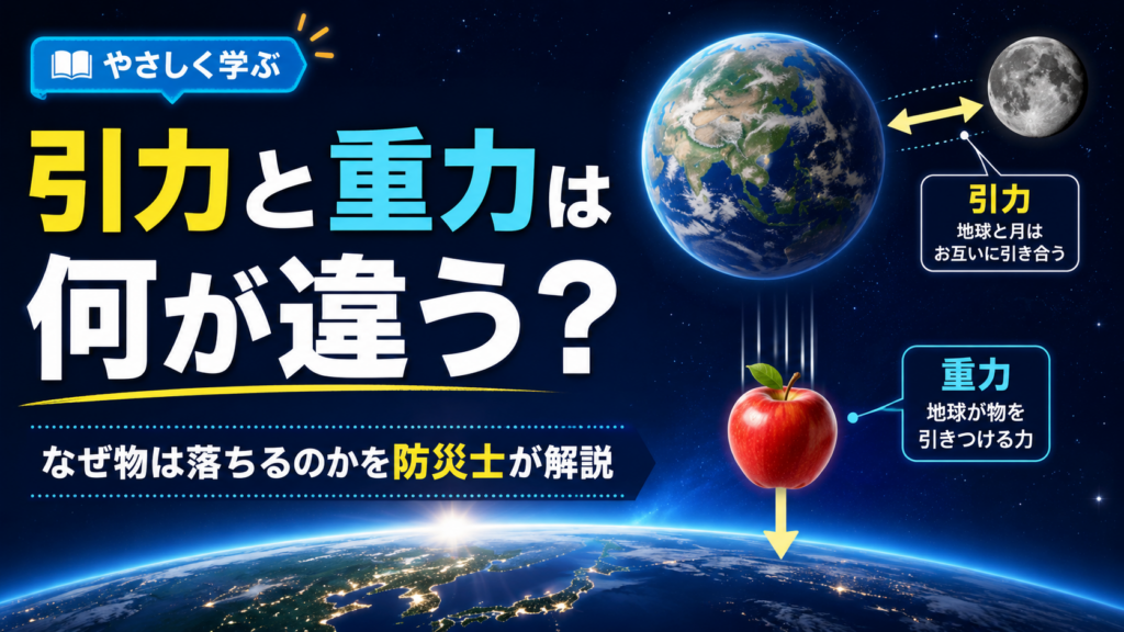引力と重力の違いを地球・月・落ちるリンゴでわかりやすく示した防災理科ラボの解説画像