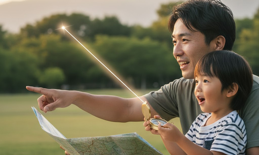 親子が方位磁石で進む方向を確認する防災イメージ写真