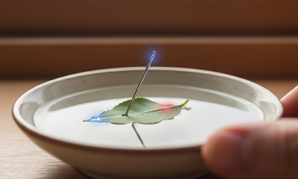 葉と針で作った簡易方位磁石を水に浮かべるシーン