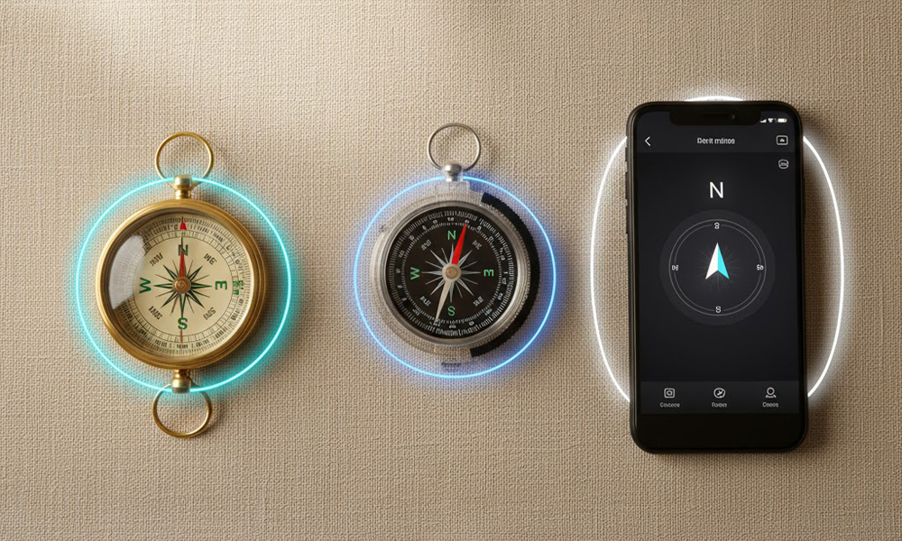 オイル式とドライ式とスマホの方位計を比較した画像