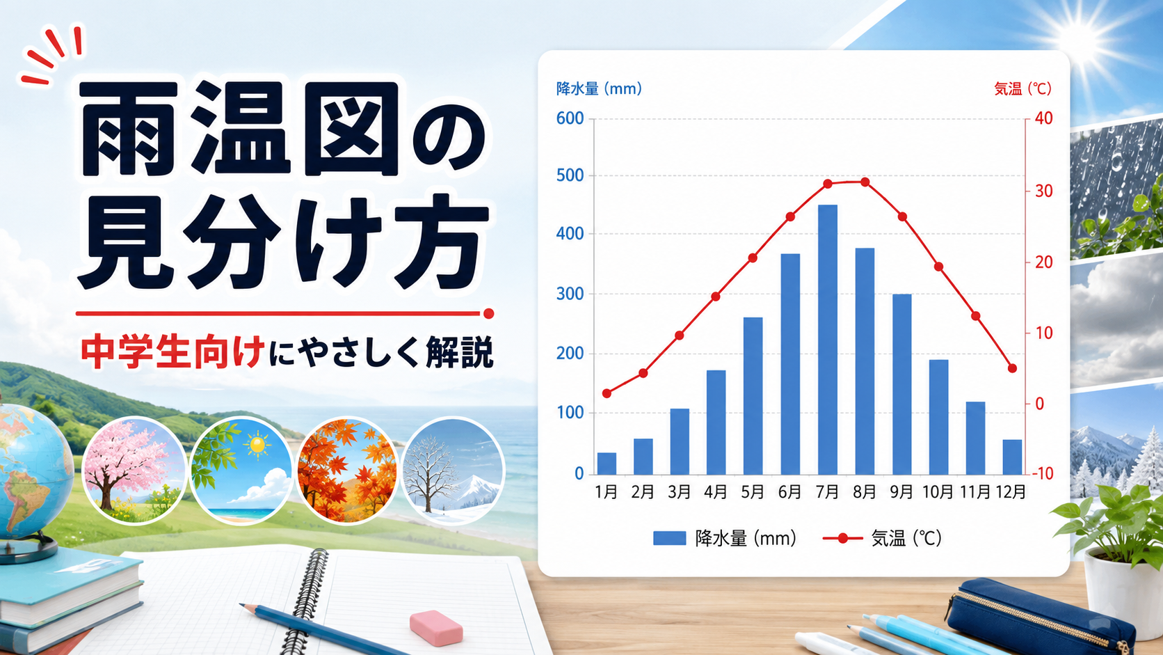 雨温図の見分け方を中学生向けに解説する、気温と降水量のグラフを大きく示した学習用アイキャッチ画像